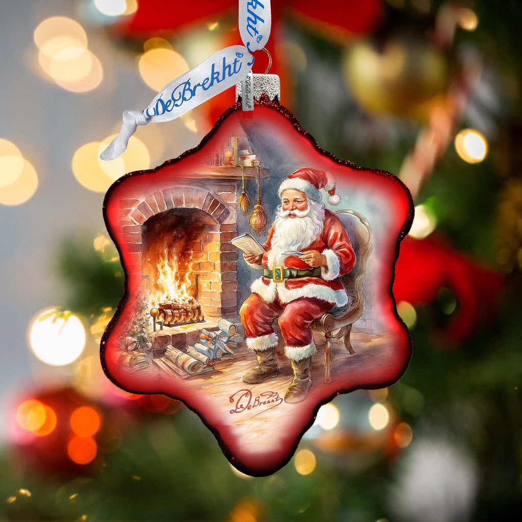 Santa at the Fireplace Snowflake Glass Ornament by G. Debrekht - Christmas Santa Snowman Decor - 754-047