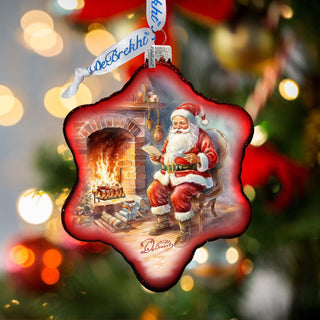 Santa at the Fireplace Snowflake Glass Ornament by G. Debrekht - Christmas Santa Snowman Decor - 754-047