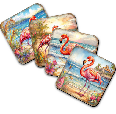 four colorful coasters featuring vibrant illustrations of flamingos in various natural settings, including a beach, ocean, and tropical foliage.