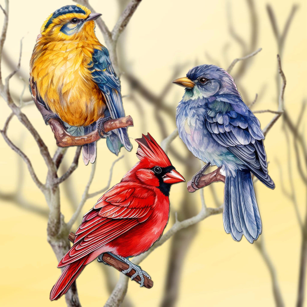 Winter Birds Clip-On Eco Wood Decorative Ornaments Set of 3 by G. Debrekht - Christmas Décor - 8091005C-S3