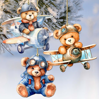 Aviator Teddy Bear Decorative Wooden Ornaments of 3 by G. Debrekht - Christmas Décor - 8091010-S3