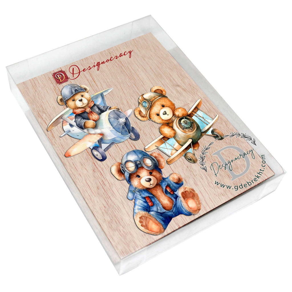 Aviator Teddy Bear Decorative Wooden Ornaments of 3 by G. Debrekht - Christmas Décor - 8091010-S3