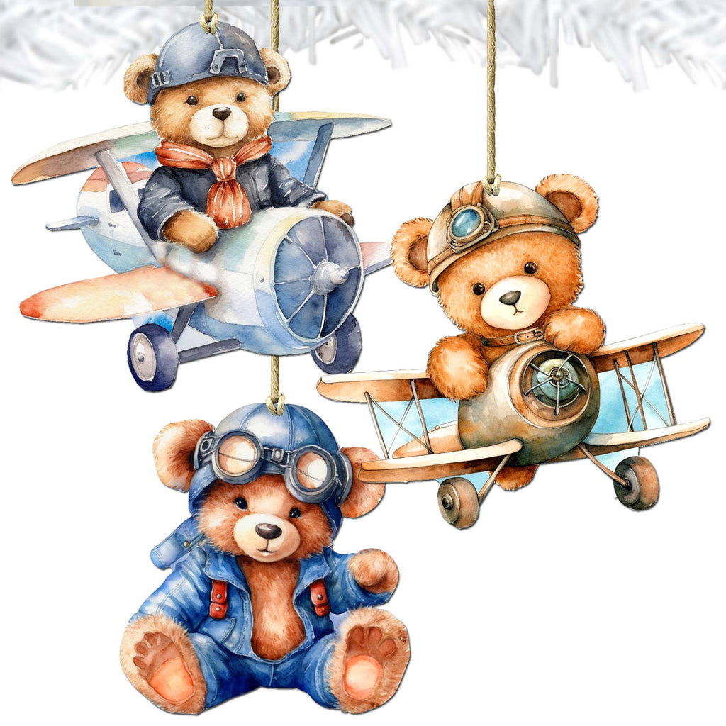 Aviator Teddy Bear Decorative Wooden Ornaments of 3 by G. Debrekht - Christmas Décor - 8091010-S3