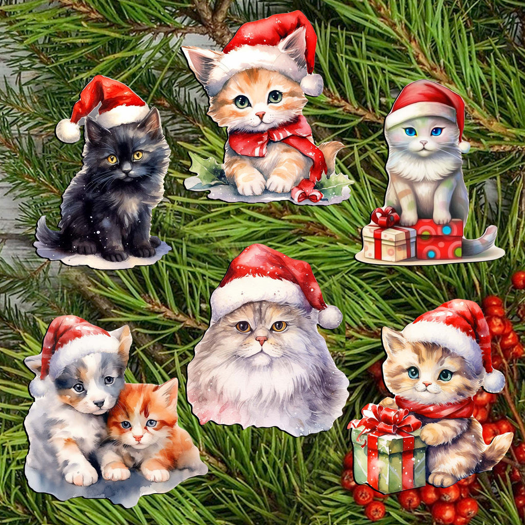 Hand-Painted Wooden Ornaments (Set of 6) - Cats' Holiday