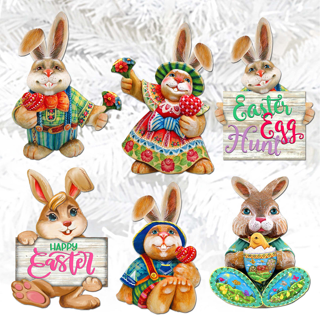 Easter Bunny Family Clip-On Eco Wood Decorative Ornaments Set of 6 by G. Debrekht - Easter Décor - 8090041C-S6