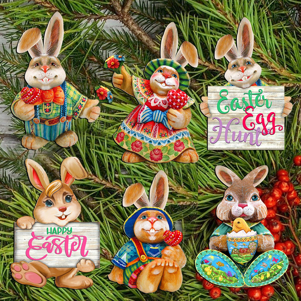 Easter Bunny Family Clip-On Eco Wood Decorative Ornaments Set of 6 by G. Debrekht - Easter Décor - 8090041C-S6