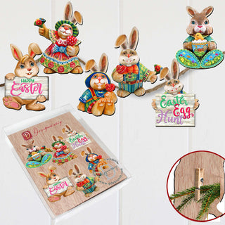 Easter Bunny Family Clip-On Eco Wood Decorative Ornaments Set of 6 by G. Debrekht - Easter Décor - 8090041C-S6