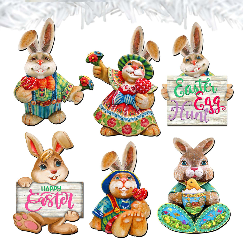 Easter Bunny Family Clip-On Eco Wood Decorative Ornaments Set of 6 by G. Debrekht - Easter Décor - 8090041C-S6