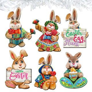 Easter Bunny Family Clip-On Eco Wood Decorative Ornaments Set of 6 by G. Debrekht - Easter Décor - 8090041C-S6