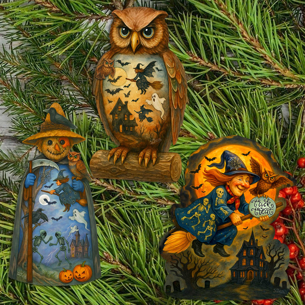 Halloween Clip-On Eco Wood Decorative Ornaments Set of 3 – Scarecrow, Owl & Witch – Handcrafted Décor by G. DeBrekht – 8091049C-S3