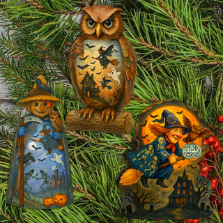 Halloween Clip-On Eco Wood Decorative Ornaments Set of 3 – Scarecrow, Owl & Witch – Handcrafted Décor by G. DeBrekht – 8091049C-S3