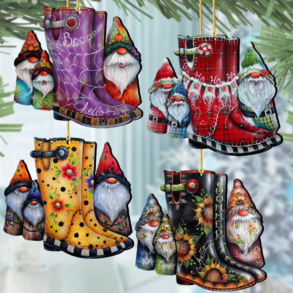 Seasonal Gnome Boots Wooden Christmas Ornaments – Set of 4 – 8091130-S4