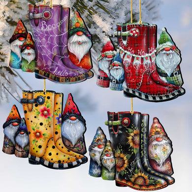 Seasonal Gnome Boots Wooden Christmas Ornaments – Set of 4 – 8091130-S4