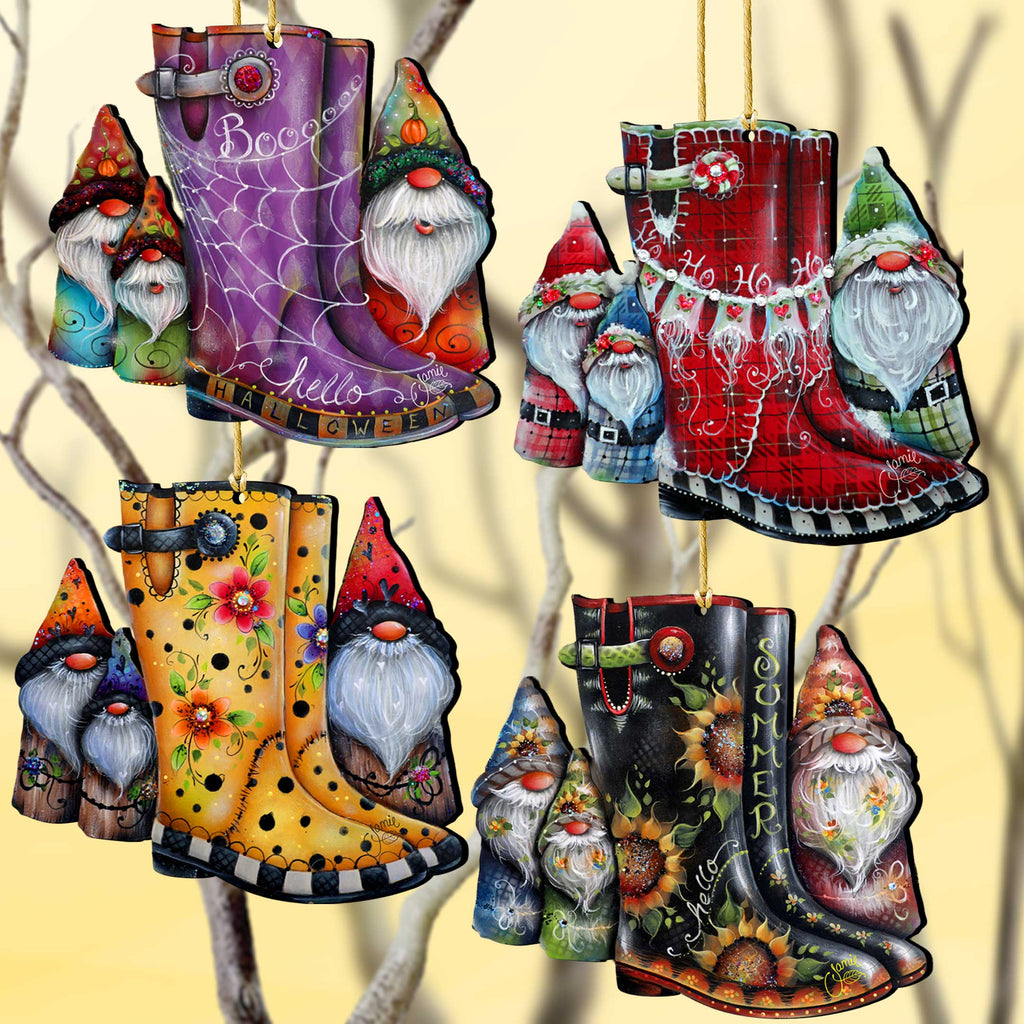 Seasonal Gnome Boots Wooden Christmas Ornaments – Set of 4 – 8091130-S4