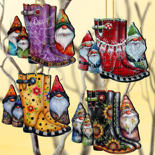 Seasonal Gnome Boots Wooden Christmas Ornaments – Set of 4 – 8091130-S4