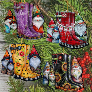 Seasonal Gnome Boots Wooden Christmas Ornaments – Set of 4 – 8091130-S4