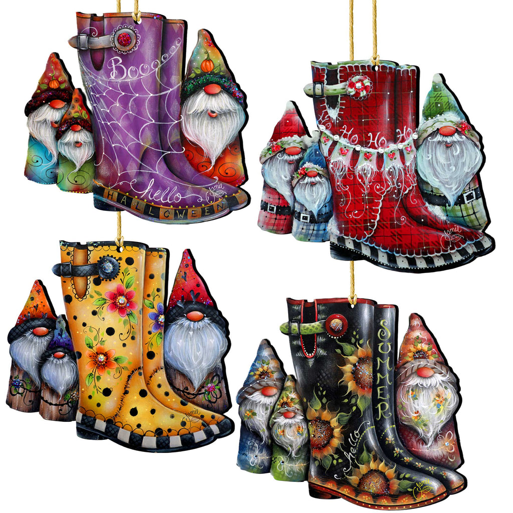 Seasonal Gnome Boots Wooden Christmas Ornaments – Set of 4 – 8091130-S4