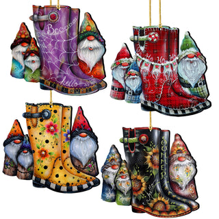 Seasonal Gnome Boots Wooden Christmas Ornaments – Set of 4 – 8091130-S4