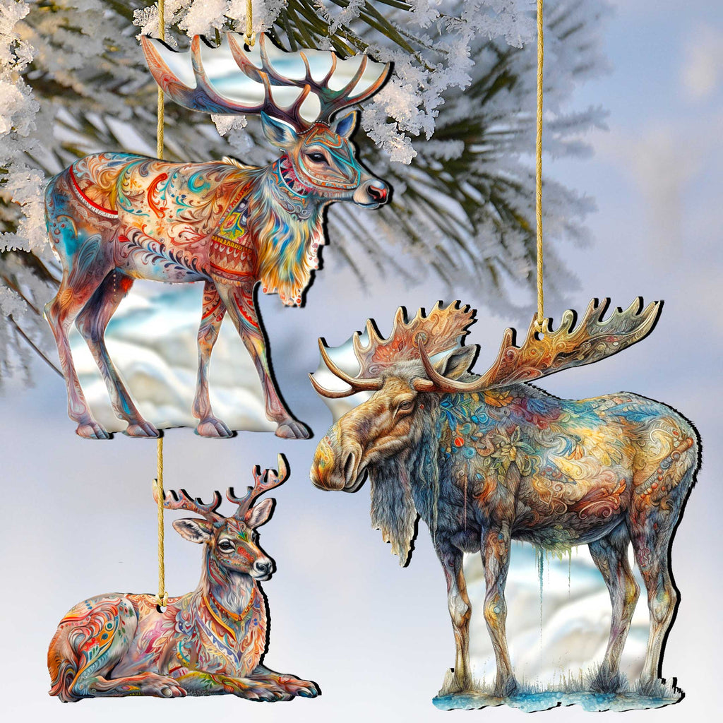 Alaska Reindeer & Moose Wooden Christmas Ornaments – Set of 3 – 8091134-S3