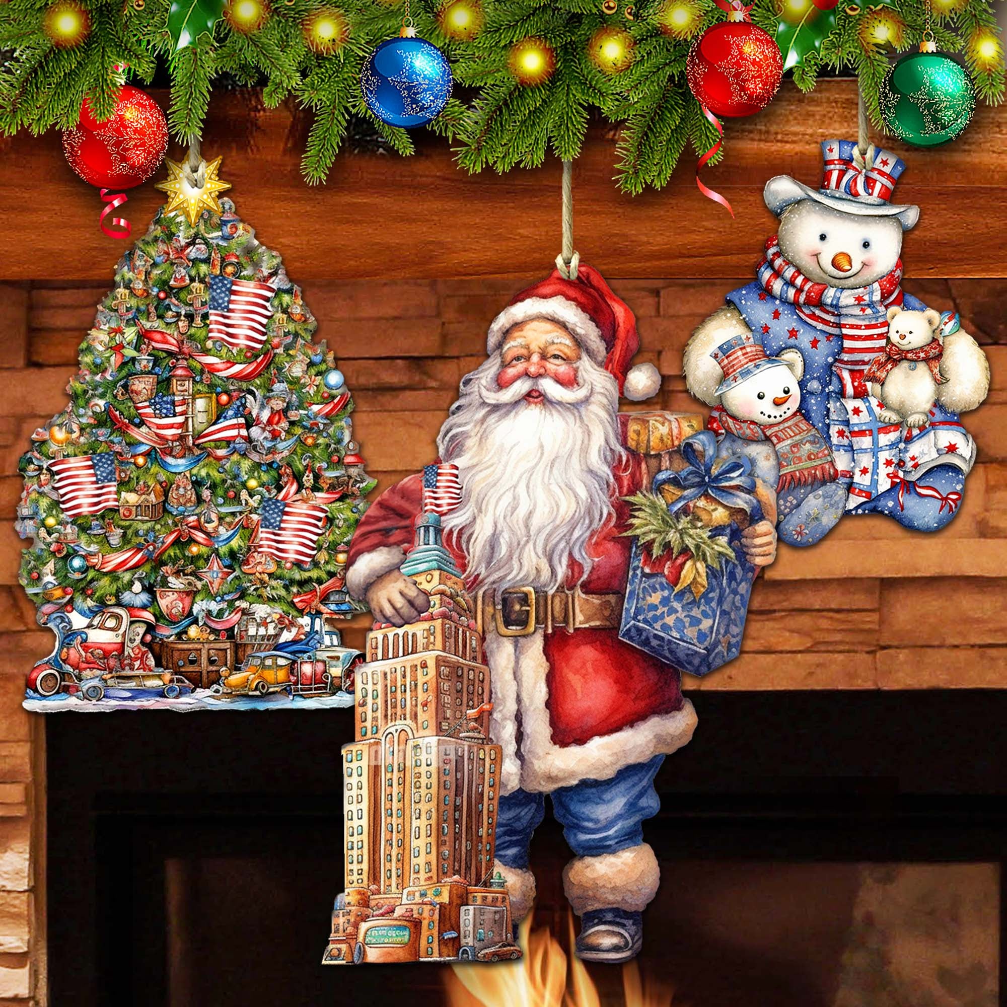 Designocracy 8091301S3 4.5 x 3 in. Santa Aroubf The World American Inspired Santa Wooden Ornaments, Set of 3