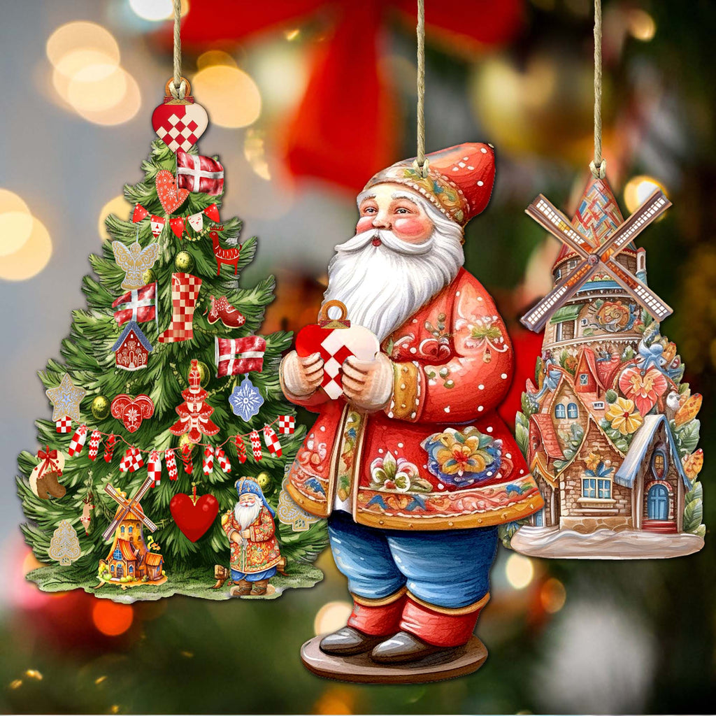 Designocracy 8091306S3 4.5 x 3 in. Santa Aroubf The World Irish Inspired Santa Wooden Ornaments, Set of 3