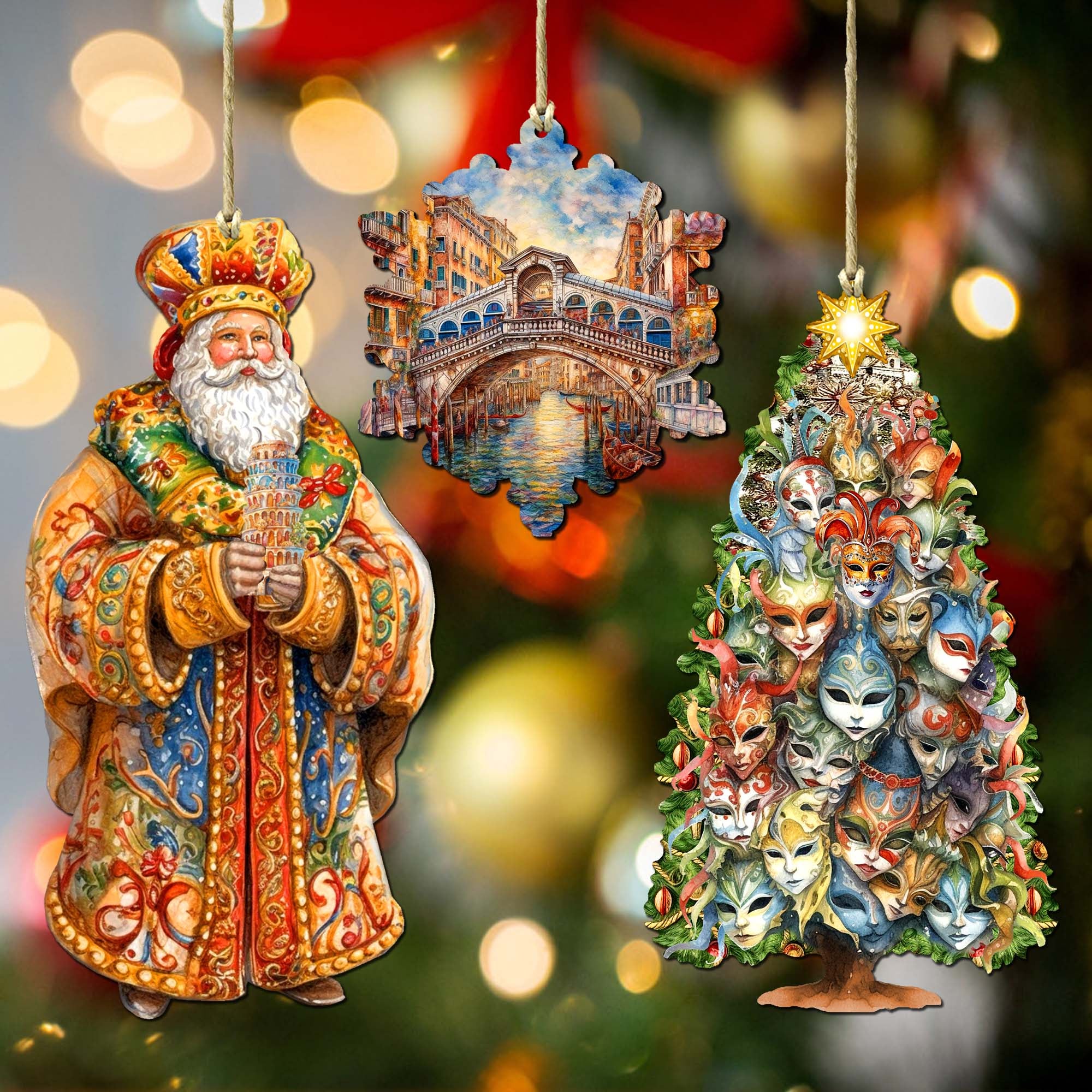 Designocracy 8091306S3 4.5 x 3 in. Santa Aroubf The World Irish Inspired Santa Wooden Ornaments, Set of 3