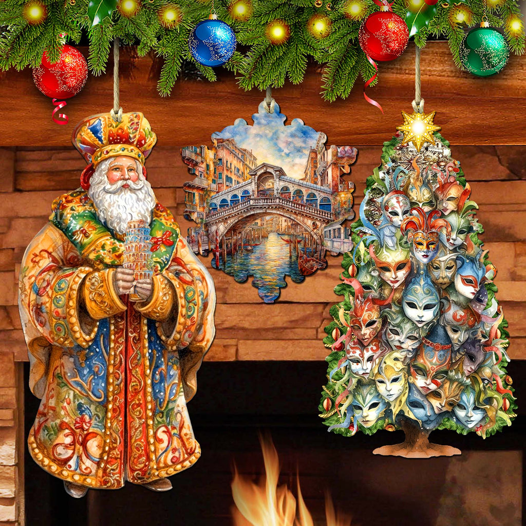 Wooden Ornaments Set of 3 by G. DeBrekht | Christmas Santa