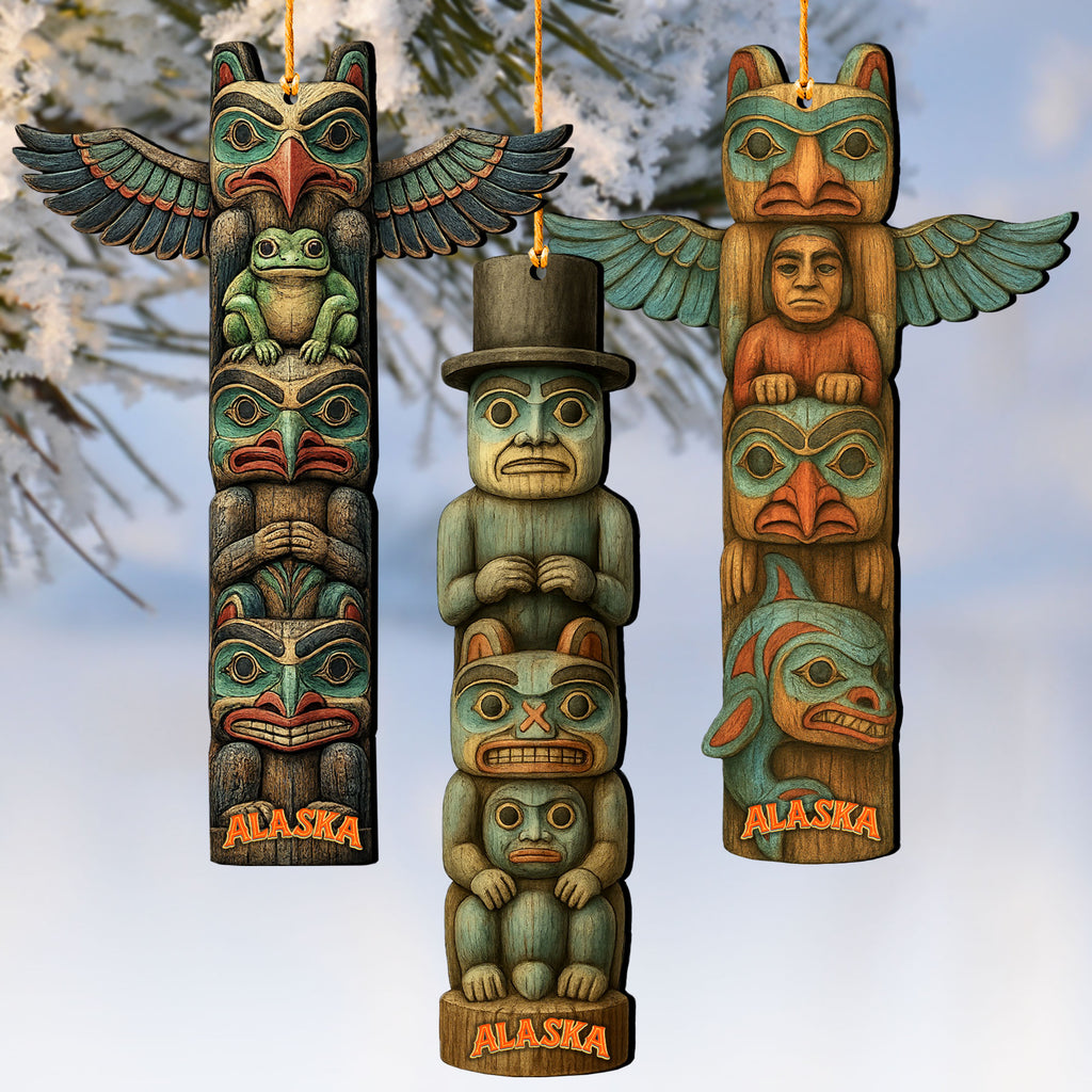 Alaska Inspired Totem Wooden Storytelling Ornaments – Set of 3 – 8091324-S3