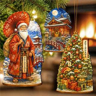 Japanese Christmas Wooden Ornament Set – Santa, Snowy Temple & Christmas Tree – Set of 3 – 8091327S3
