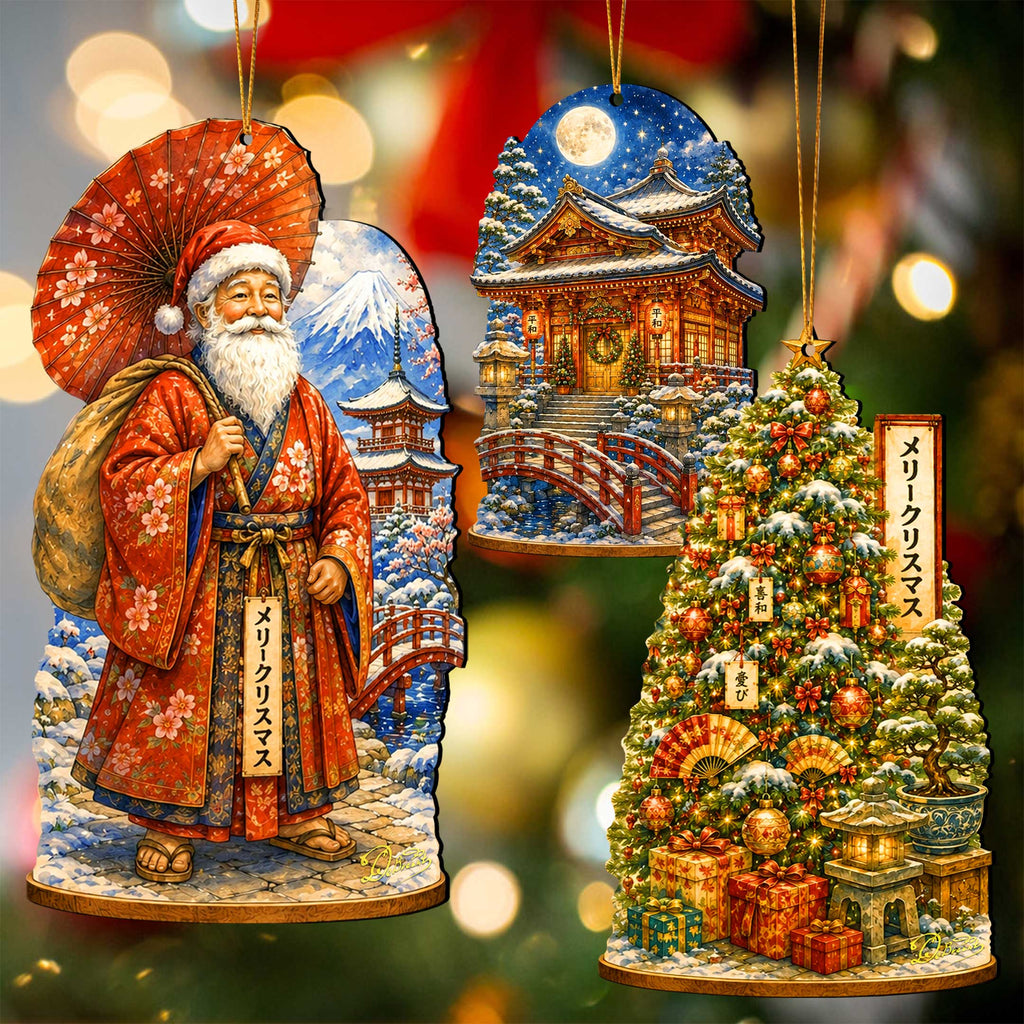 Japanese Christmas Wooden Ornament Set – Santa, Snowy Temple & Christmas Tree – Set of 3 – 8091327S3