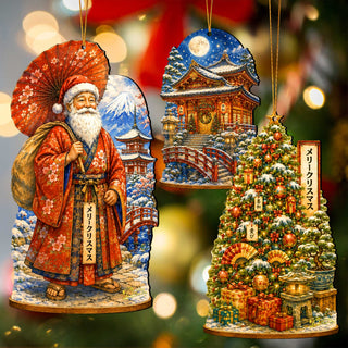 Japanese Christmas Wooden Ornament Set – Santa, Snowy Temple & Christmas Tree – Set of 3 – 8091327S3