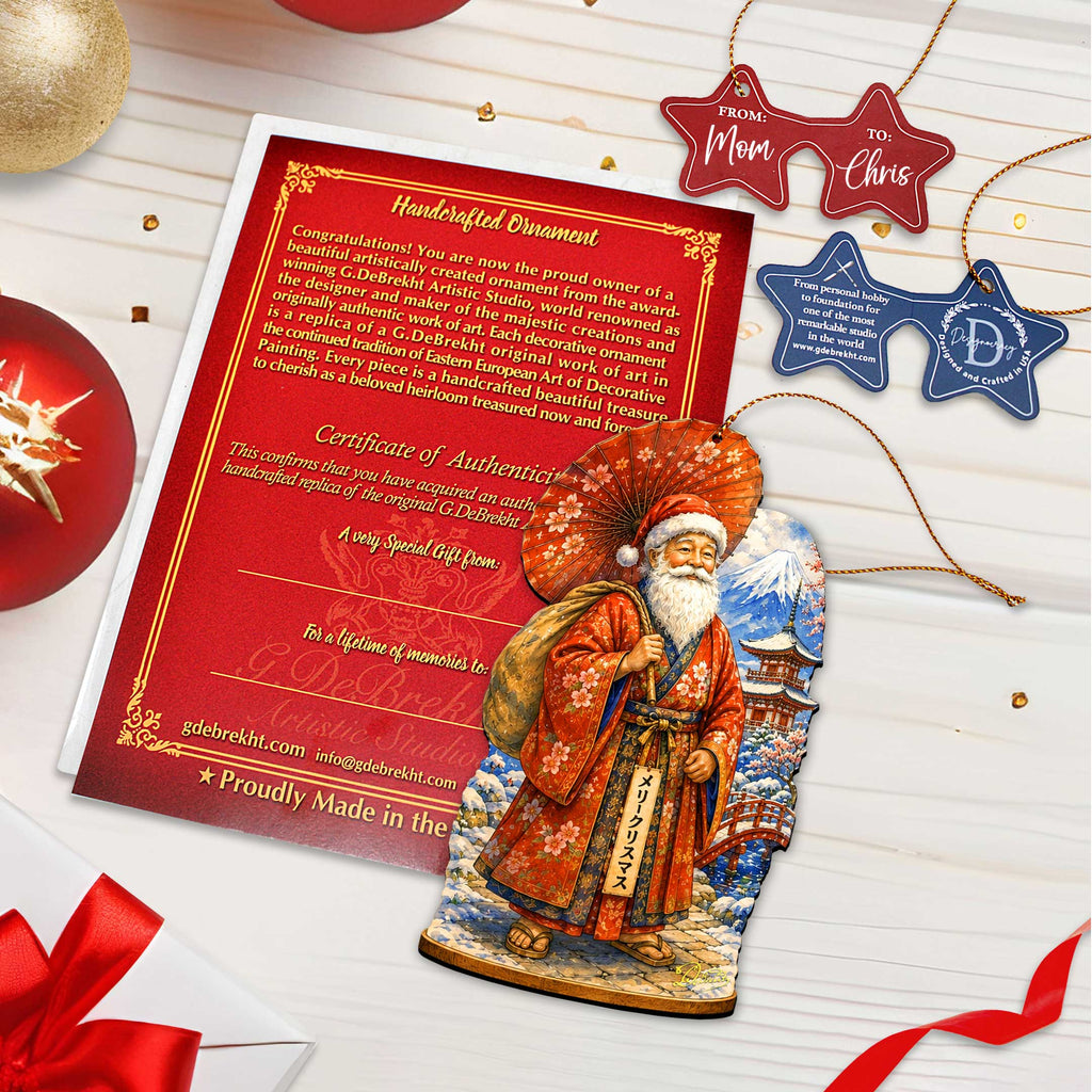 Japanese Christmas Wooden Ornament Set – Santa, Snowy Temple & Christmas Tree – Set of 3 – 8091327S3