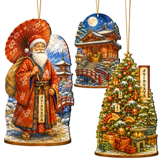 Japanese Christmas Wooden Ornament Set – Santa, Snowy Temple & Christmas Tree – Set of 3 – 8091327S3