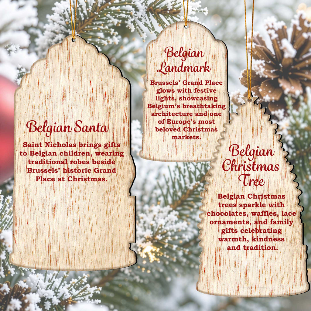 Belgian Christmas Wooden Ornament Set – St. Nicholas, Brussels & Christmas Tree – Set of 3 – 8091328S3