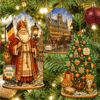 Belgian Christmas Wooden Ornament Set – St. Nicholas, Brussels & Christmas Tree – Set of 3 – 8091328S3