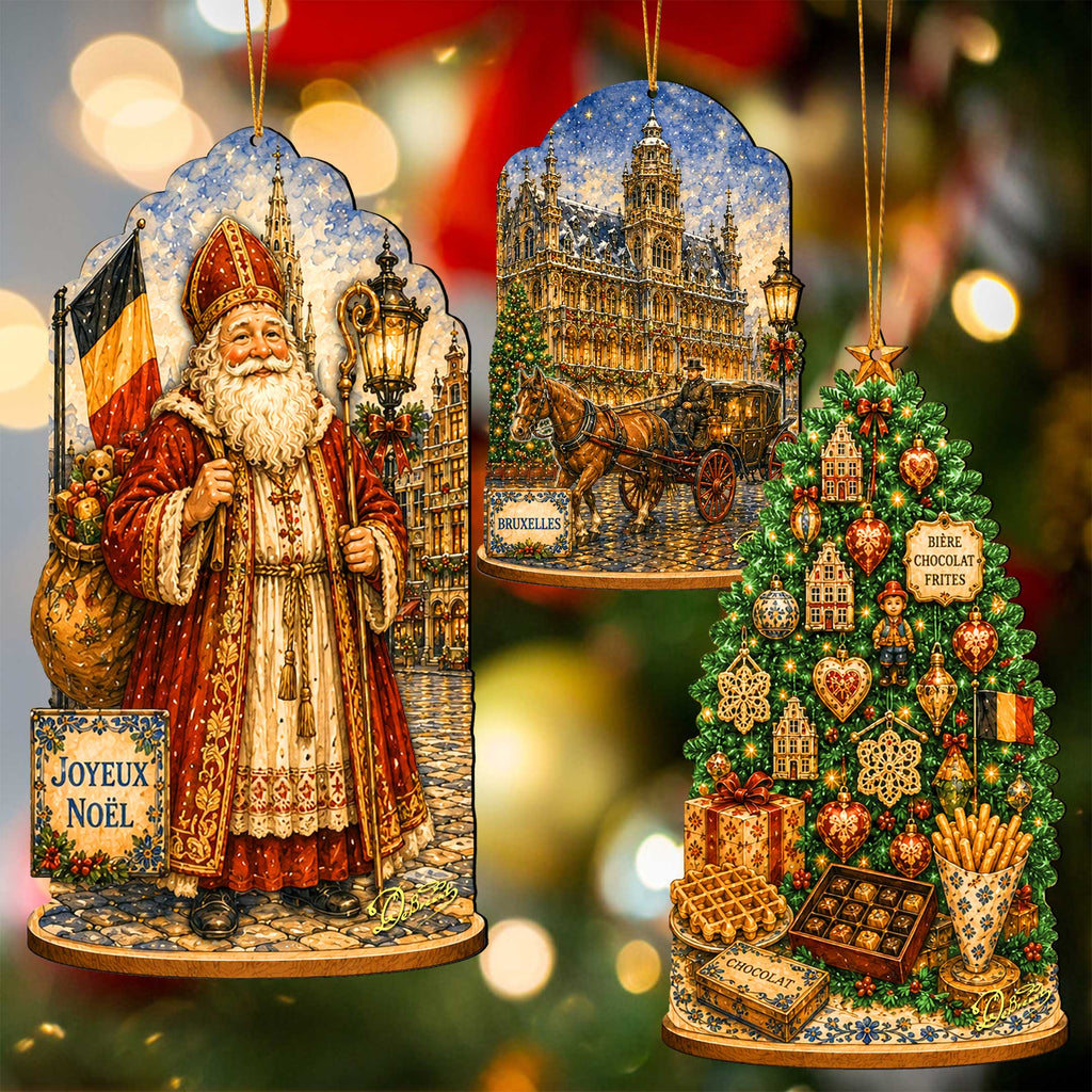 Belgian Christmas Wooden Ornament Set – St. Nicholas, Brussels & Christmas Tree – Set of 3 – 8091328S3