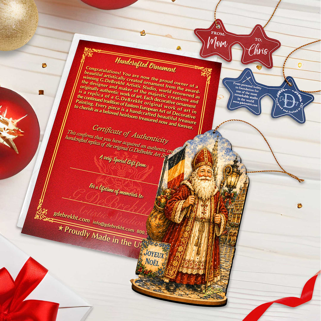 Belgian Christmas Wooden Ornament Set – St. Nicholas, Brussels & Christmas Tree – Set of 3 – 8091328S3