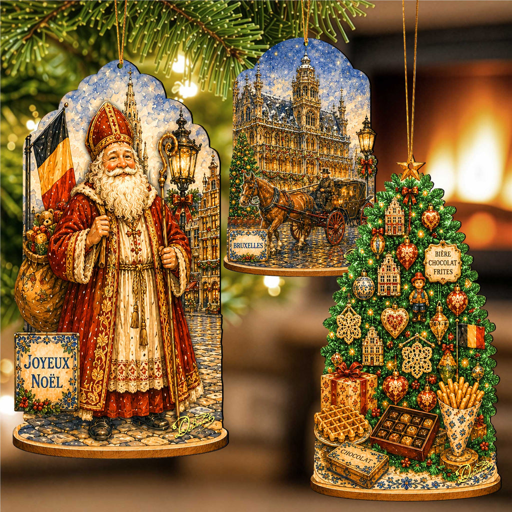 Belgian Christmas Wooden Ornament Set – St. Nicholas, Brussels & Christmas Tree – Set of 3 – 8091328S3