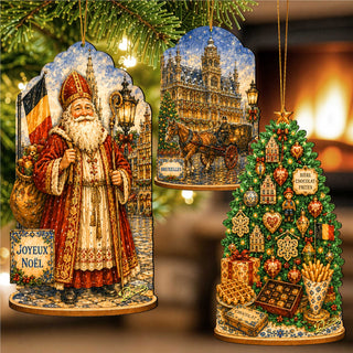 Belgian Christmas Wooden Ornament Set – St. Nicholas, Brussels & Christmas Tree – Set of 3 – 8091328S3