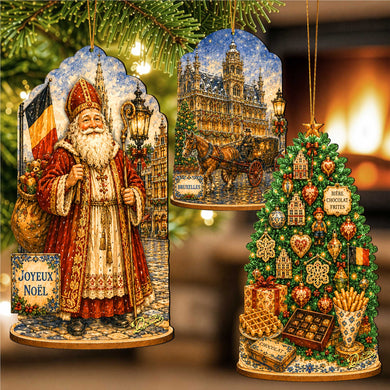 Belgian Christmas Wooden Ornament Set – St. Nicholas, Brussels & Christmas Tree – Set of 3 – 8091328S3