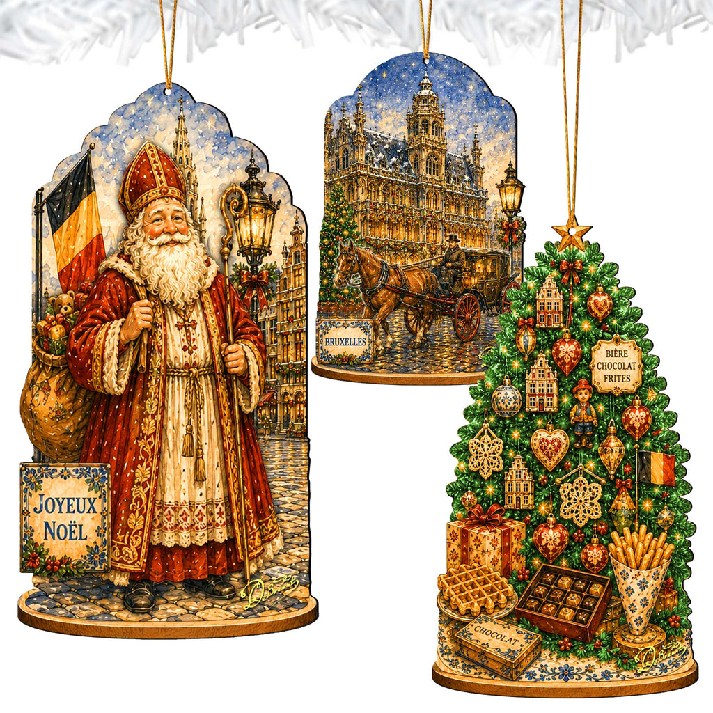 Belgian Christmas Wooden Ornament Set – St. Nicholas, Brussels & Christmas Tree – Set of 3 – 8091328S3