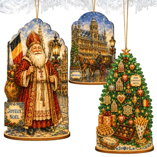 Belgian Christmas Wooden Ornament Set – St. Nicholas, Brussels & Christmas Tree – Set of 3 – 8091328S3