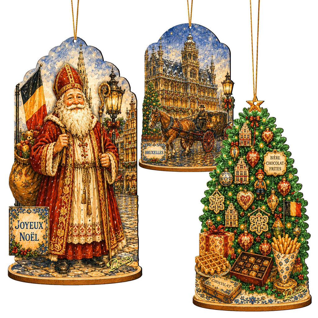 Belgian Christmas Wooden Ornament Set – St. Nicholas, Brussels & Christmas Tree – Set of 3 – 8091328S3