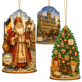 Belgian Christmas Wooden Ornament Set – St. Nicholas, Brussels & Christmas Tree – Set of 3 – 8091328S3