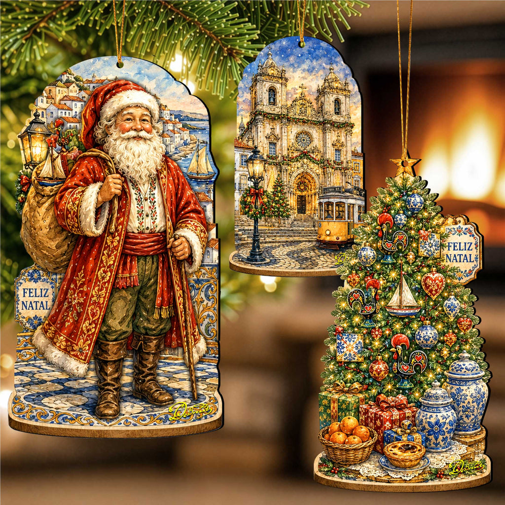 Portuguese Christmas Wooden Ornament Set – Santa, Lisbon & Christmas Tree – Set of 3 – 8091329S3