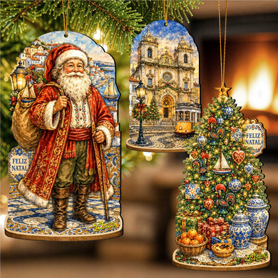 Portuguese Christmas Wooden Ornament Set – Santa, Lisbon & Christmas Tree – Set of 3 – 8091329S3