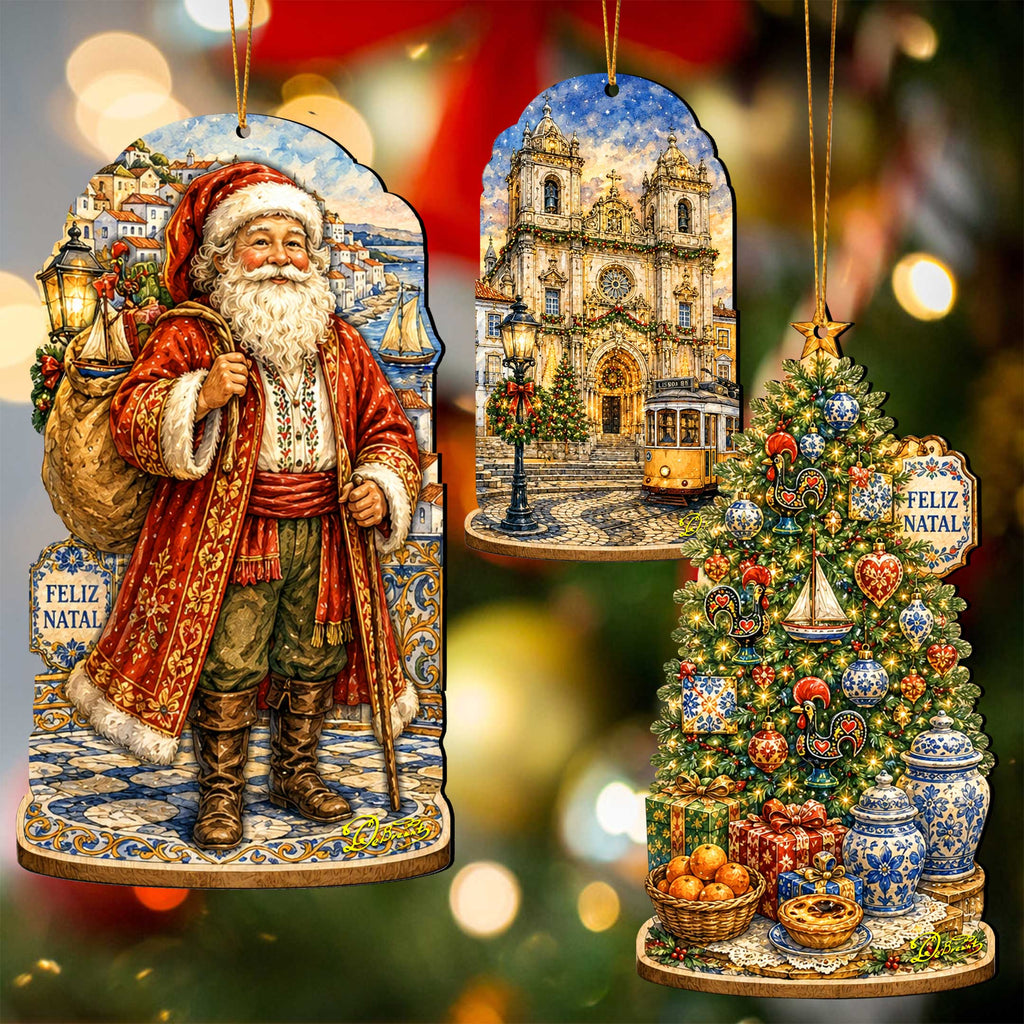 Portuguese Christmas Wooden Ornament Set – Santa, Lisbon & Christmas Tree – Set of 3 – 8091329S3