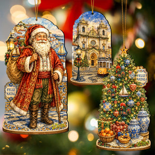 Portuguese Christmas Wooden Ornament Set – Santa, Lisbon & Christmas Tree – Set of 3 – 8091329S3