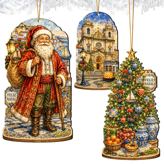 Portuguese Christmas Wooden Ornament Set – Santa, Lisbon & Christmas Tree – Set of 3 – 8091329S3