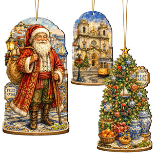 Portuguese Christmas Wooden Ornament Set – Santa, Lisbon & Christmas Tree – Set of 3 – 8091329S3